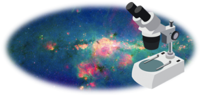 A cartoon microscope over an image of our Galaxy's Center.