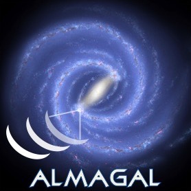 The ALMAGAL logo, an image of the Milky Way with radio antennas and the word "ALMAGAL" on top.